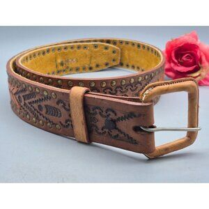 Handcrafted Leather Tooled Studded Western Belt Men's 36 Inch Custom Needs Holes